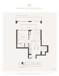 A black and white image of a floor plan for a 526 square foot apartment with one bedroom and one bathroom.